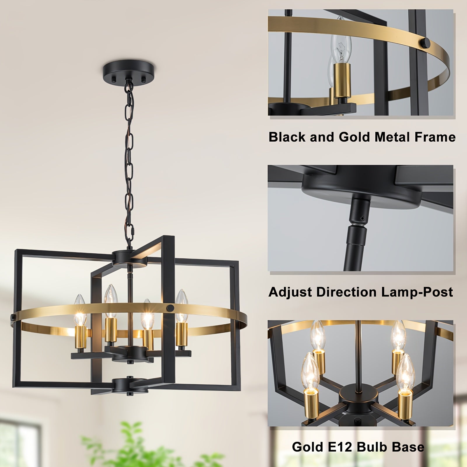 21.26-inch black gold modern farmhouse industrial pendant light - 4-light adjustable geometric design hanging lamp, polished metal + E12 bulb, suitable for kitchen island, dining room, front door entry, bedroom, dining room chandelier