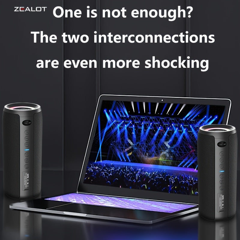 ZEALOT S51 Pro 无线蓝牙音箱，双设备连接，24小时播放时长，具备强劲立体声和深沉低音。包含充电线和Aux线，兼容手机/平板电脑/电视。