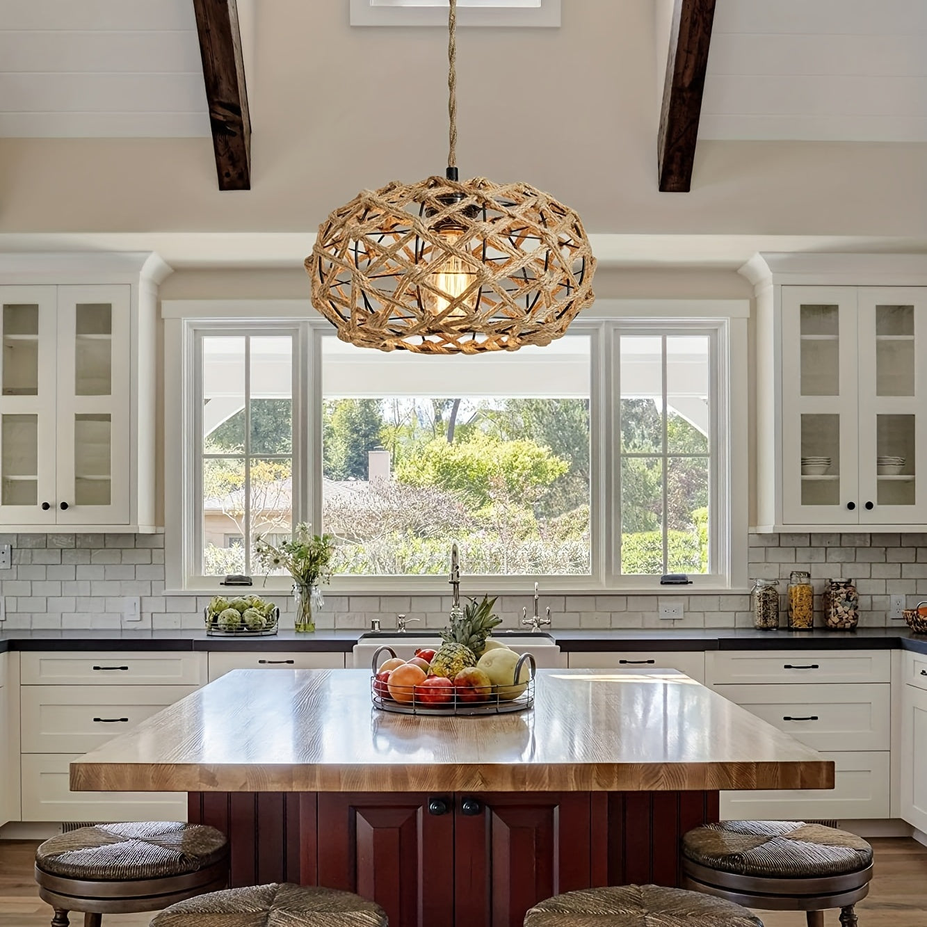 Handwoven Rattan Pendant Light with Jute Rope Woven Shade – Bohemian Rustic Rattan Hanging Lamp, Adjustable Hanging Rope and E26 Socket (Bulb Sold Separately), Suitable for Coastal Farmhouse Bohemian Style Ceiling Light Fixture