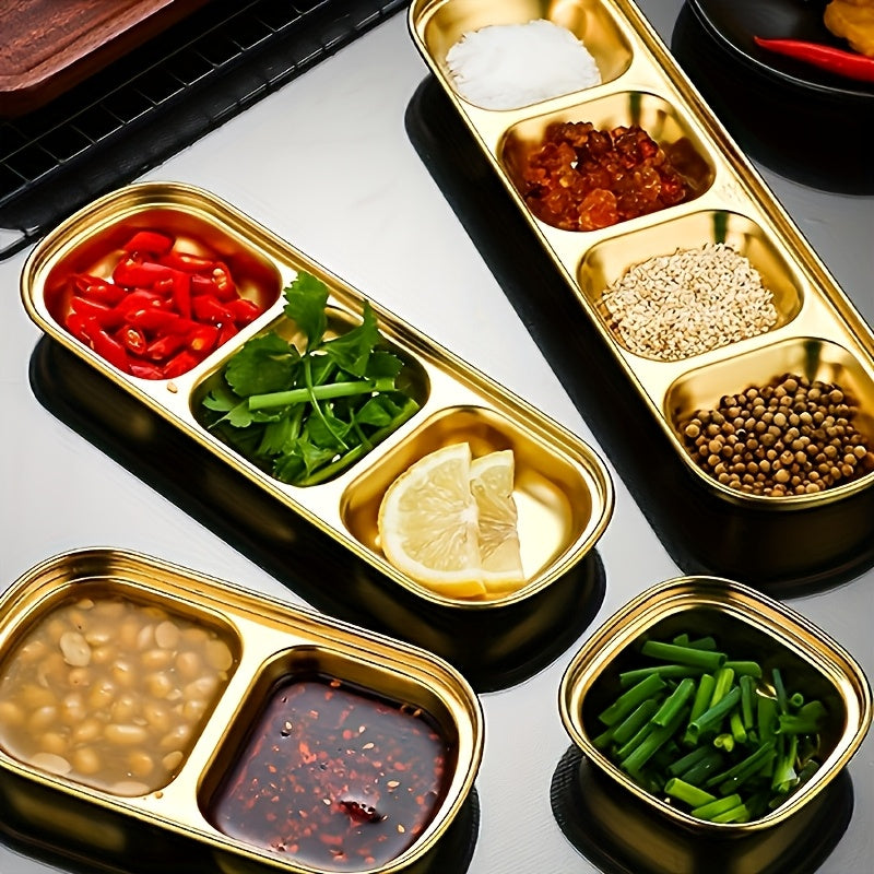 1Pc Golden Compartment Stainless Steel Sauce Plate, Dinner Plate, Salt Vinegar Sugar Seasoning Dipping Bowl