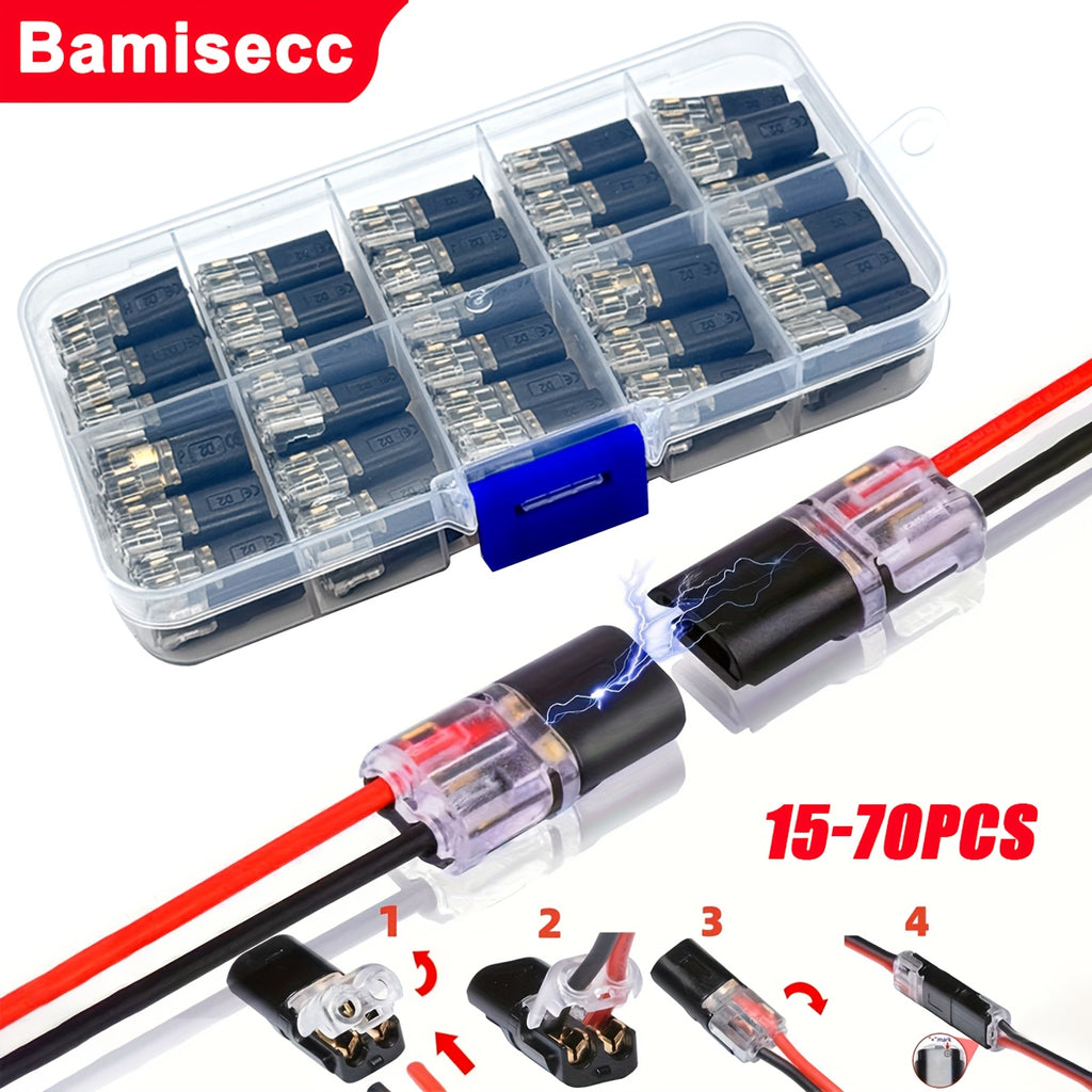 15/70-Pack Wire Splice Connectors, No-Strip Quick Connect Electrical Splice Clips, 2 Pin 2 Wire, for 0.06-0.08 inch (AWG22-AWG18) Wire Size, PVC Insulated, Copper Contacts