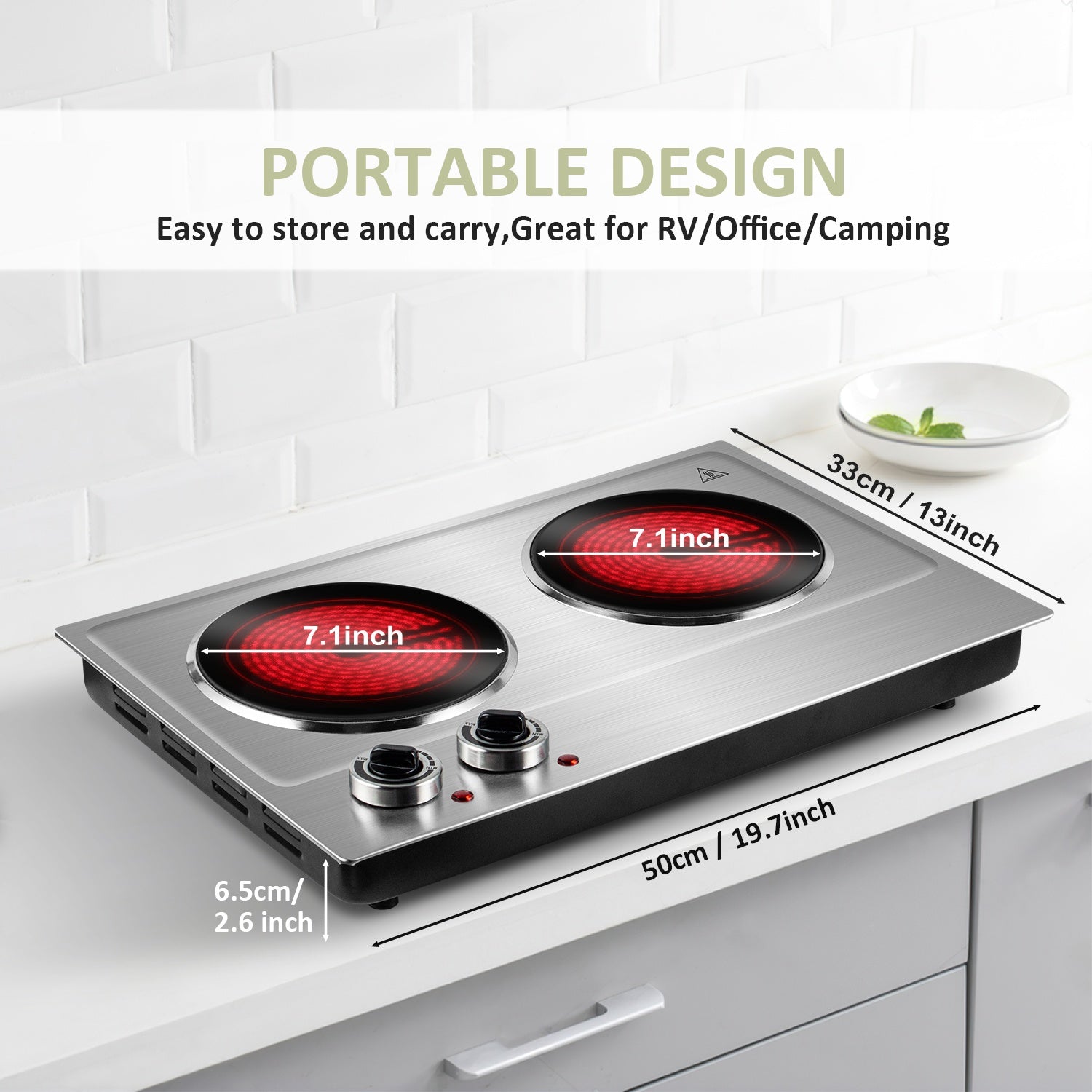 Portable Electric Hot Plate, 1800W Glass Double-Sided Countertop Stove, Dual-Control Stainless Steel Infrared Electric Stove, Small Electric Cooker, Ideal for Home, Dormitory & Office