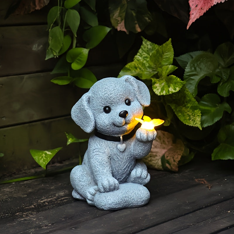 One Solar Puppy Holding Butterfly Garden Statue Light - Resin Outdoor Decoration, Perfect for Courtyard, Patio, Balcony or Porch, Solar Garden Decor