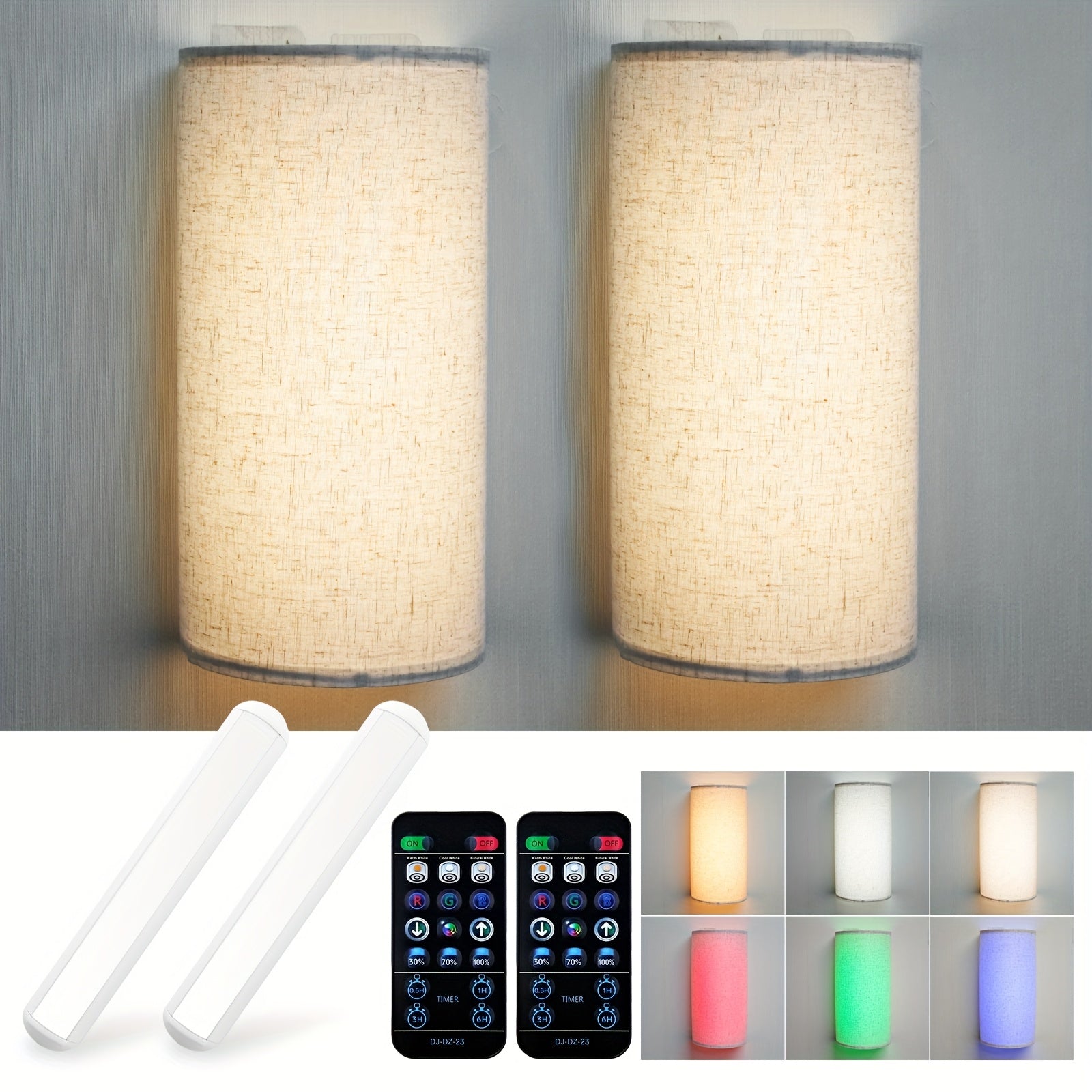 2-Pack 4400mAh Rechargeable Indoor Lampshade Wireless Wall Light, with USB Charging Cable and Remote Control, Dimmable, Timer Function, 3 Color Temperatures and 16 RGB Dynamic Modes, Suitable for Bedroom, Study
