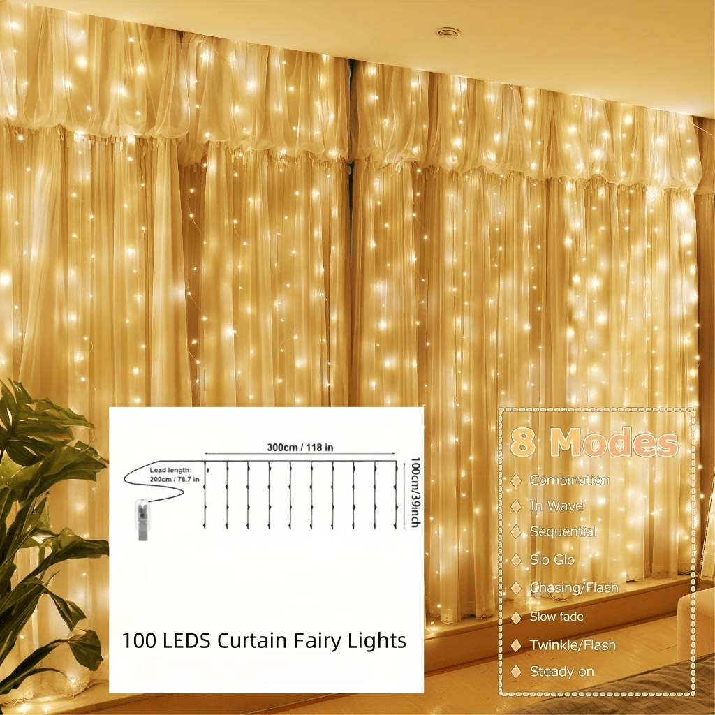 LED 氣氛窗簾燈，氣氛窗簾燈，適用於臥室，冷白色，USB 插電，8 種模式吊燈串燈，附遙控器，適合聖誕節、臥室、室內、婚禮、派對等裝飾，適合所有季節