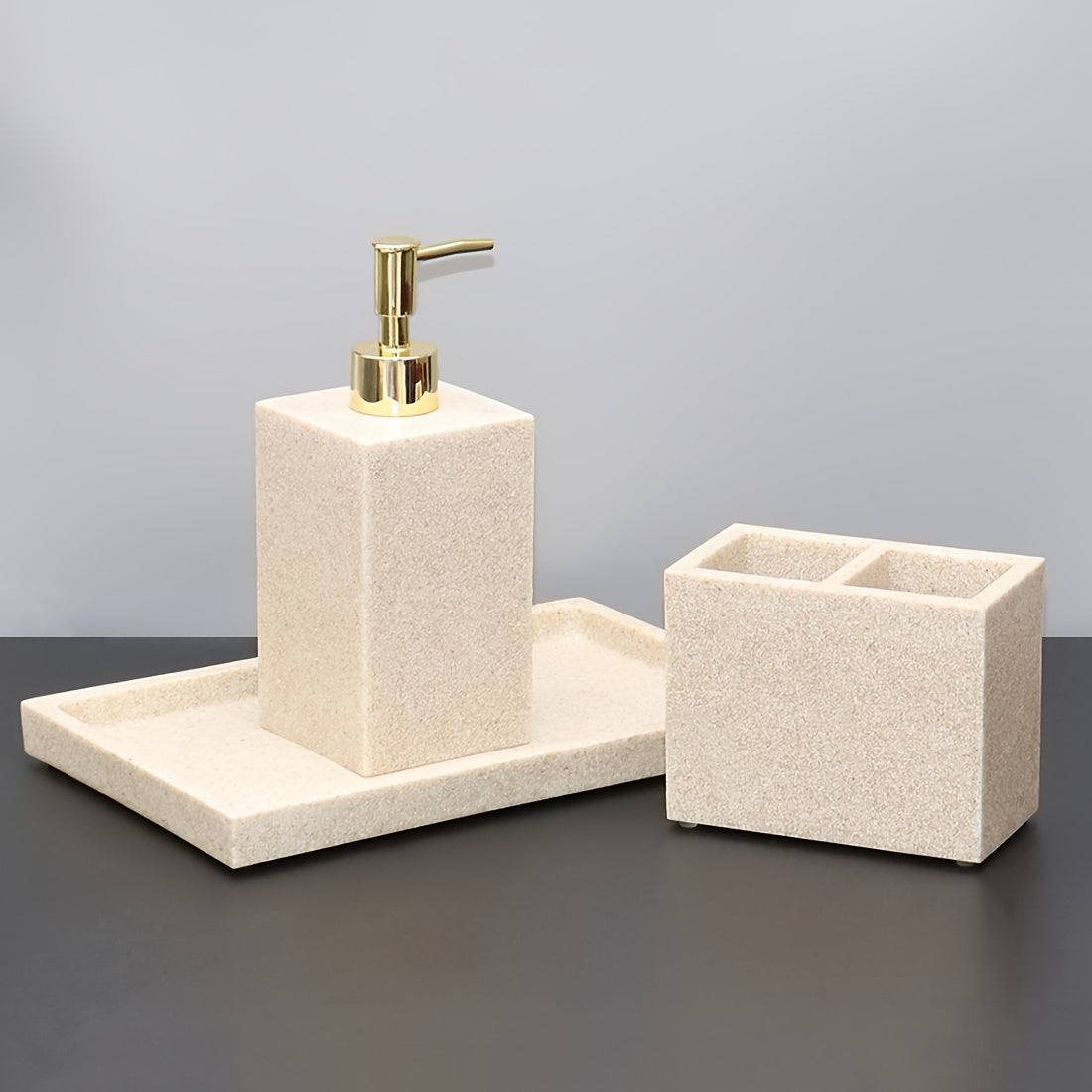 3-Piece Marble Grain Sandstone Finish Soap Dispenser & Toothbrush Holder Countertop Tray - Home Bathroom Apartment Decor Accessories, Soap Bottle Set