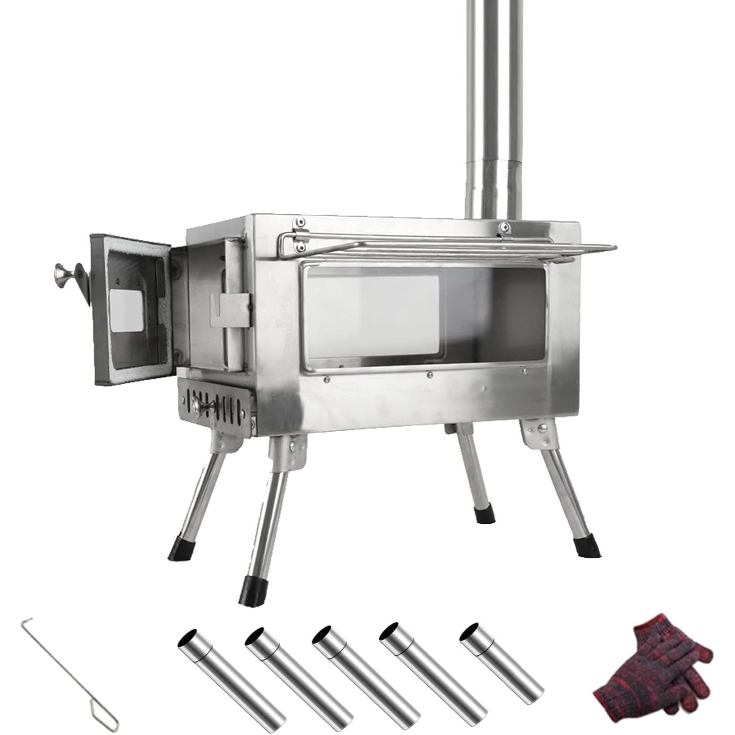 Wood Burning Stove, Stainless Steel Camping Stove, Portable Wood Stove, Outdoor Cooking Camping Wood Stove with 5 Chimney Pipe Sections & Gloves, Ideal for Ice Fishing