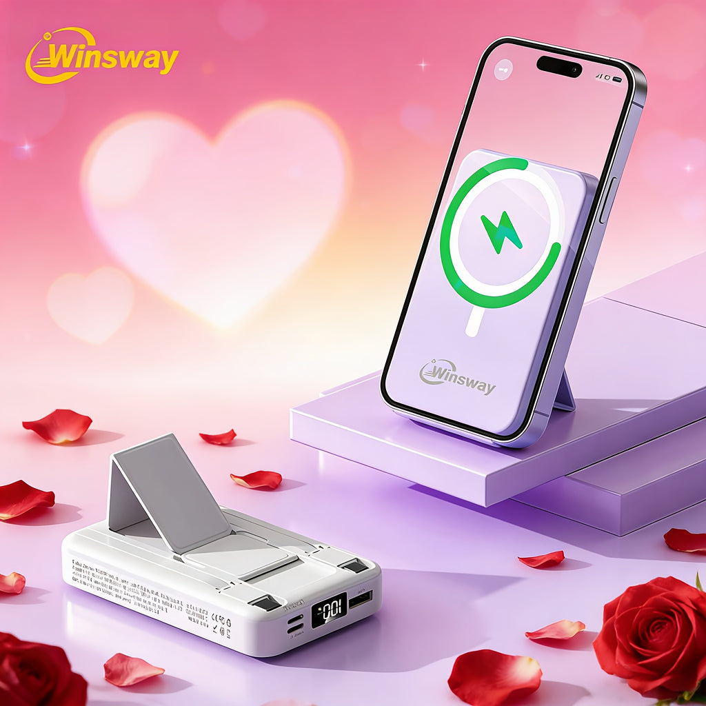 Winsway 10000mAh 磁吸無線行動電源，22.5W 快速充電行動電源，包含 Type-C 資料線、USB 連接埠、LED 螢幕和可折疊支架，適合送給 Iphone 和 Android 裝置的聖誕禮物