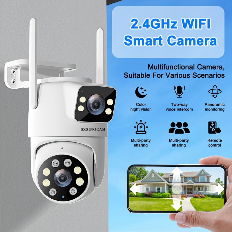 IP66 双镜头户外 WiFi 安防摄像头 2.4GHz 无线 IP 摄像机 AI 人形追踪 全彩夜视 双向语音 云台旋转 家庭监控