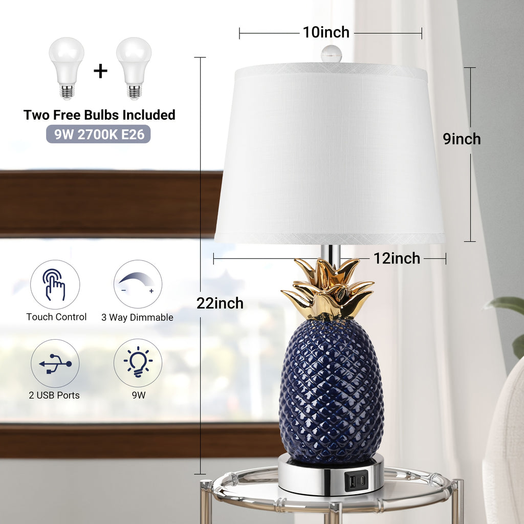 2 sets of 22-inch pineapple table lamp, 3-level adjustable ceramic table lamp, suitable for living room, navy blue modern table lamp, with USB port, high coast table lamp, suitable for bookstore, restaurant, bedroom, office, 9-watt bulb included
