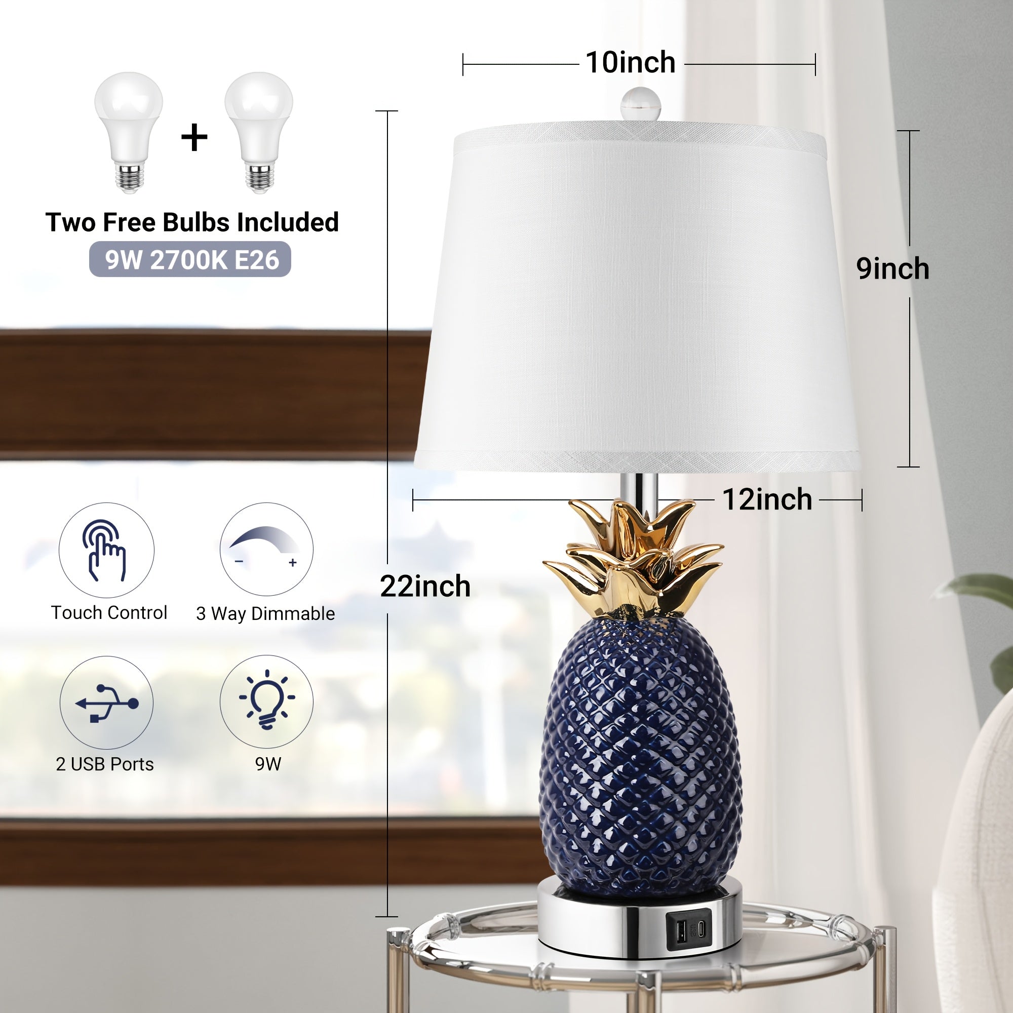 2 sets of 22-inch pineapple table lamp, 3-level adjustable ceramic table lamp, suitable for living room, navy blue modern table lamp, with USB port, high coast table lamp, suitable for bookstore, restaurant, bedroom, office, 9-watt bulb included