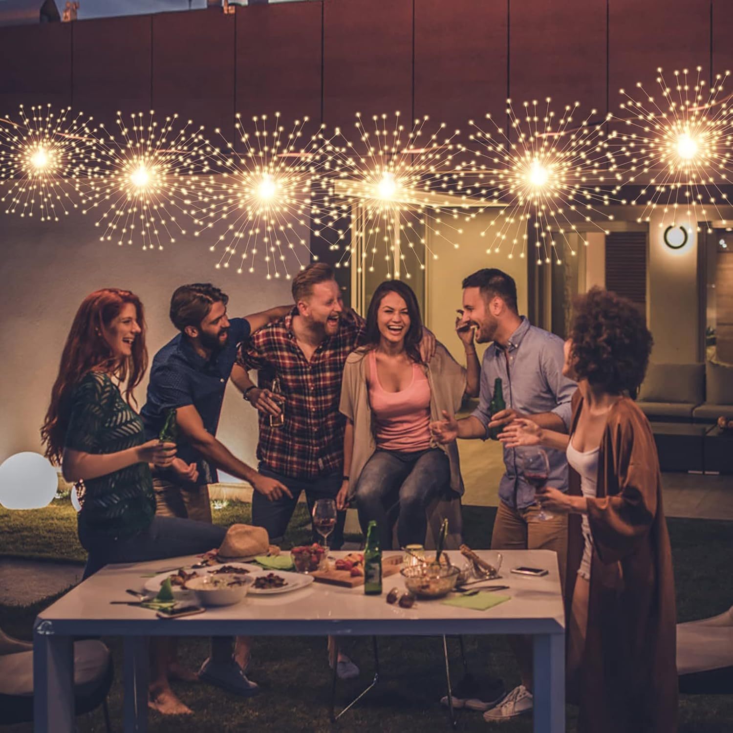 200 LED Starburst Sphere Light, Firework Light Battery Powered Tent Pendant Light Remote Control Waterproof Hanging Light, Perfect for Garden Courtyard Porch Christmas Party Home Decoration Warm White Light