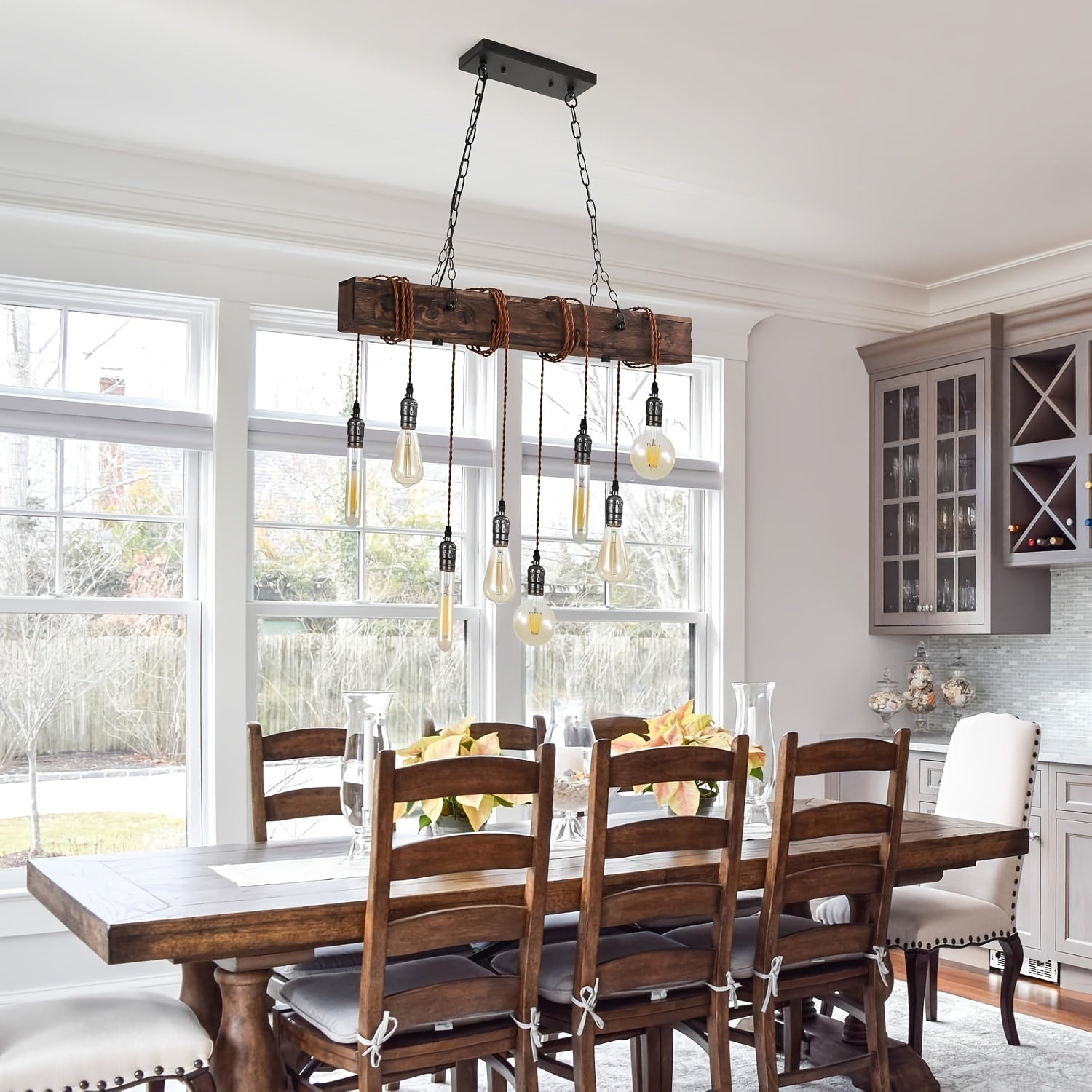 8,6,4-Light Rustic Chandelier for Dining Room, Farmhouse Wood Pendant Light, Height Adjustable, Rectangular Pendant Light for Kitchen Island, Dining Room, Bar, Pool Table, Cabin