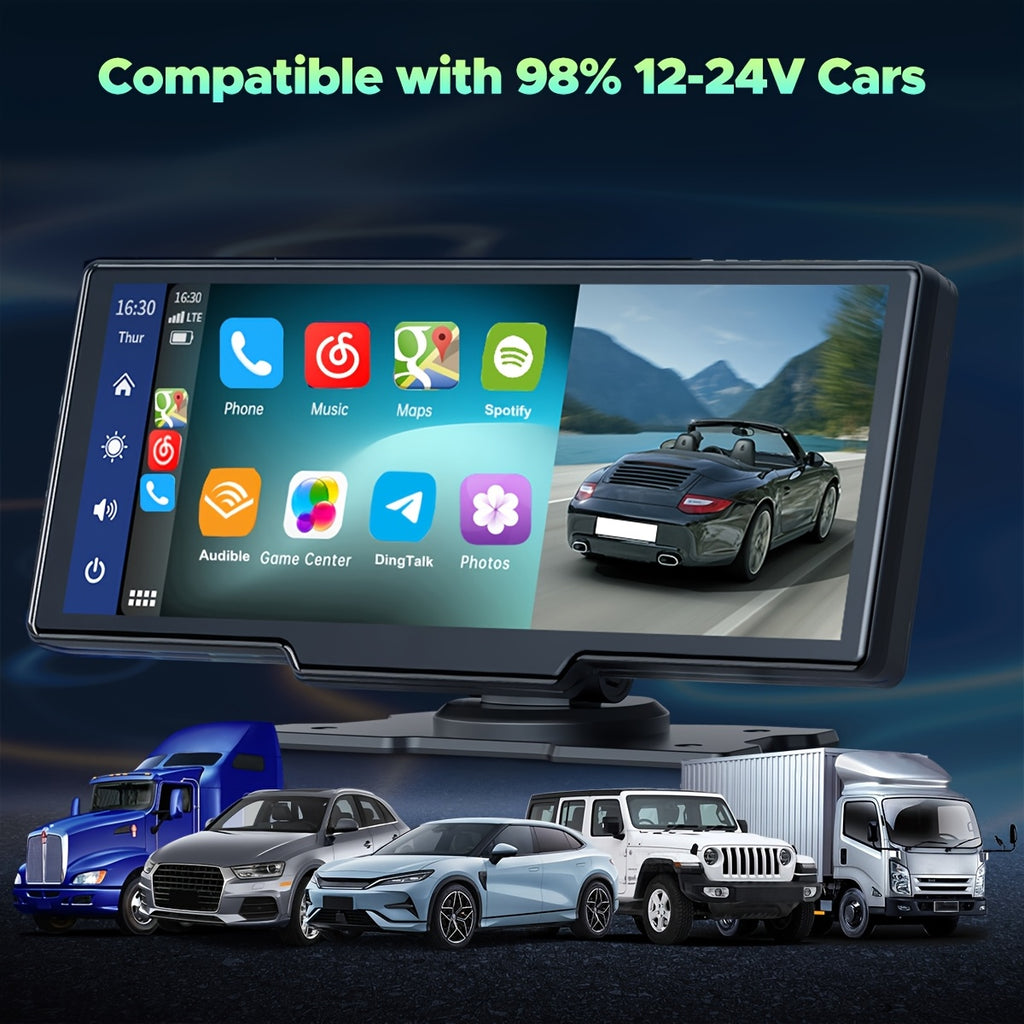 Lamtto 10.26" Wireless Carplay Display for Vehicles with 2.5K + 1080P Dash Cam, Portable Car Stereo GPS Navigation, Car Audio, Supports Android Auto, Airplay, Mirror Link, Compatible with 64GB TF Card, Universal Fit for All Vehicles