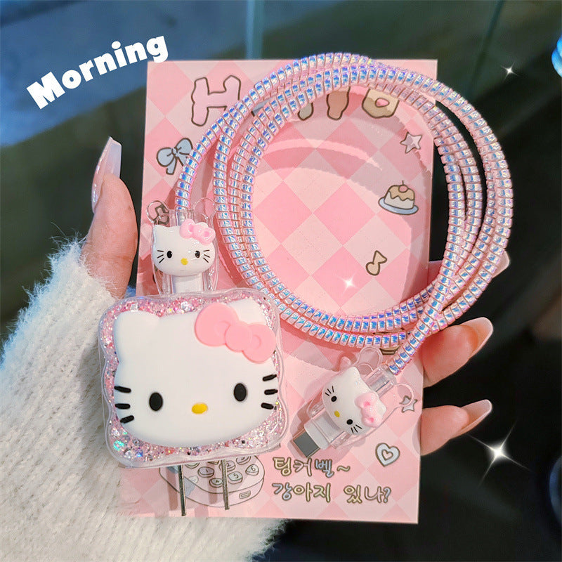 Sanrio Collaboration Hello Kitty Glitter Charging Case Set, Includes a 20W USB-C Fast Charger for Apple, Anti-Bend Protective Case, Suitable for Car/Home/Travel, Tangle-Free And Non-Slip Transparent Silicone Cable Organizer, Adorned with a Cute Bow