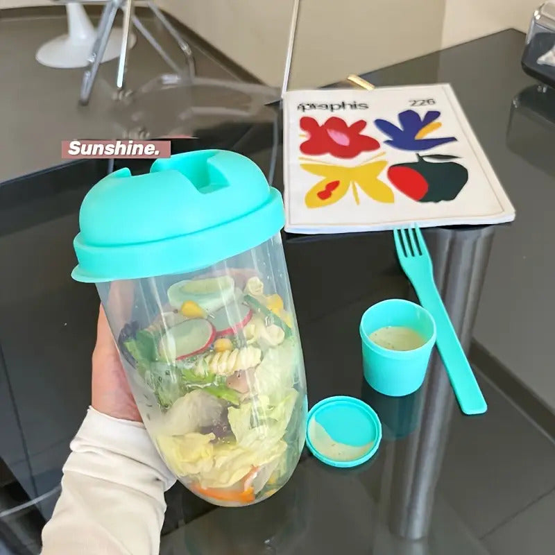 lastic Salad Cup with Fork & Dressing Container – Leak-Proof Lid, Built-In Fork Holder, Portable & Durable Lunch Box – Perfect for Picnics, Lunch, Breakfast – 4 Colors (Pink, Teal, White, Blue)