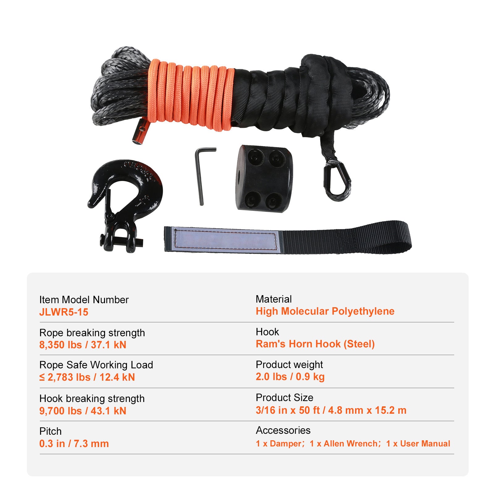 VEVOR Synthetic Winch Rope, 3/16″ / 3/8″ / 1/2″ x 50ft / 85ft / 92ft / 100ft 8,350lbs Synthetic Winch Cable Rope with Protective Sleeve + Stopper + Forged Winch Hook + Pull Strap, Universal for ATV, UTV, Vehicle Trailer