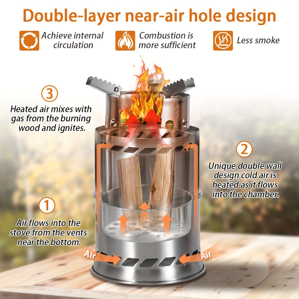 Portable Outdoor Stove, Stainless Steel Double-Layer Heat Concentrating Wood Burning Stove, Detachable Stackable Camping Stove, Detachable Design with Built-In Circulation System for Charcoal Burning, Home Fireplace
