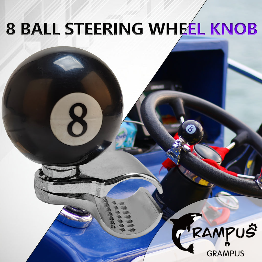 8 Ball Steering Wheel Knob Spinner - 360° Silky Rotation, One-Hand Driving & Reverse Operation, Stainless Steel & Resin, Black with White Number 8 Design, Suitable for Boats and Tractors
