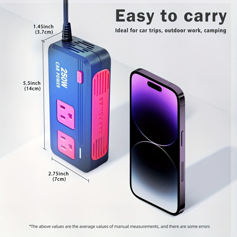 250W QC 3.0新款车载电源逆变器，配备3个USB接口与Type-C接口，快速充电器，12V直流转110V交流转换器，适用于公路旅行与露营，可用于电脑、汽车、卡车、房车，无需电池