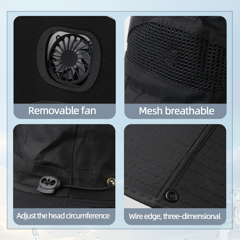 Solar Fan Hat, 800mAh Large Capacity Battery, 15cm Brim with Steel Wire Edging, UPF50+, Built-in 2 Pcs 180° Adjustable Fans, Solar & USB Dual Charging Support, Perfect for Beach, Camping, Fishing and Outdoor Activities