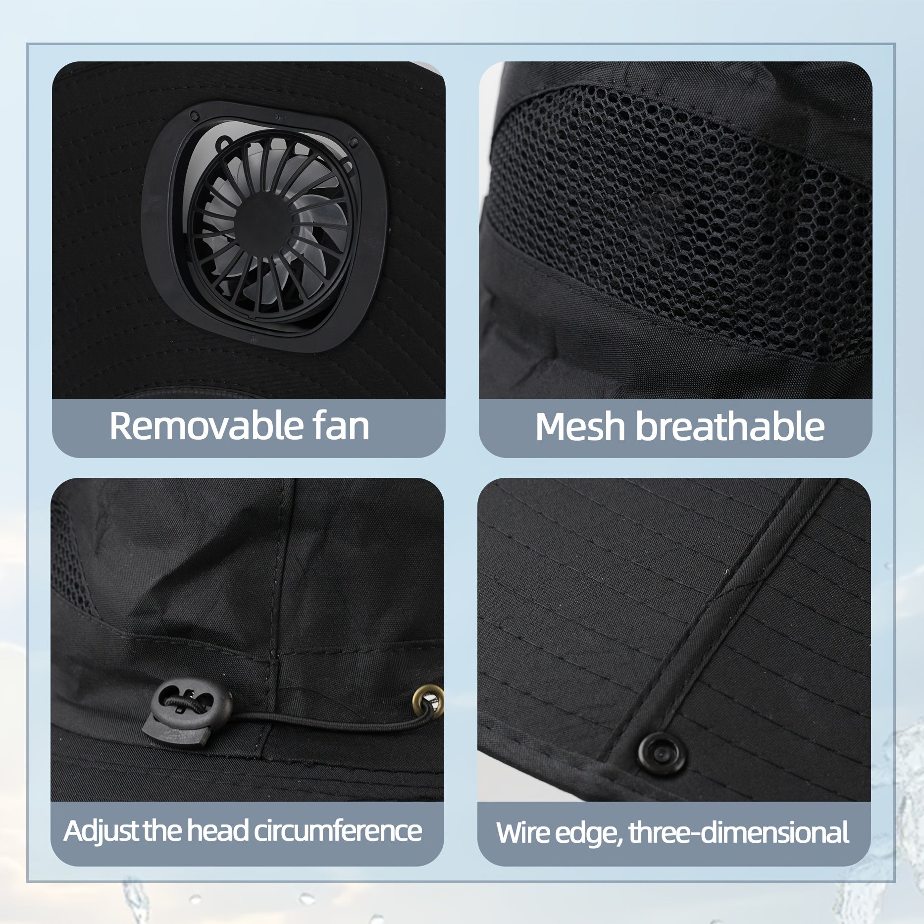 Solar Fan Hat, 800mAh Large Capacity Battery, 15cm Brim with Steel Wire Edging, UPF50+, Built-in 2 Pcs 180° Adjustable Fans, Solar & USB Dual Charging Support, Perfect for Beach, Camping, Fishing and Outdoor Activities