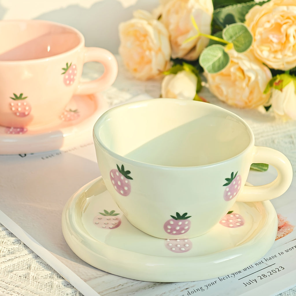 1 Set Creative Simple Hand-Pinched Hand-Painted 3D Relief Cherry Blueberry Lemon Ceramic Coffee Cup & Saucer for Home Use