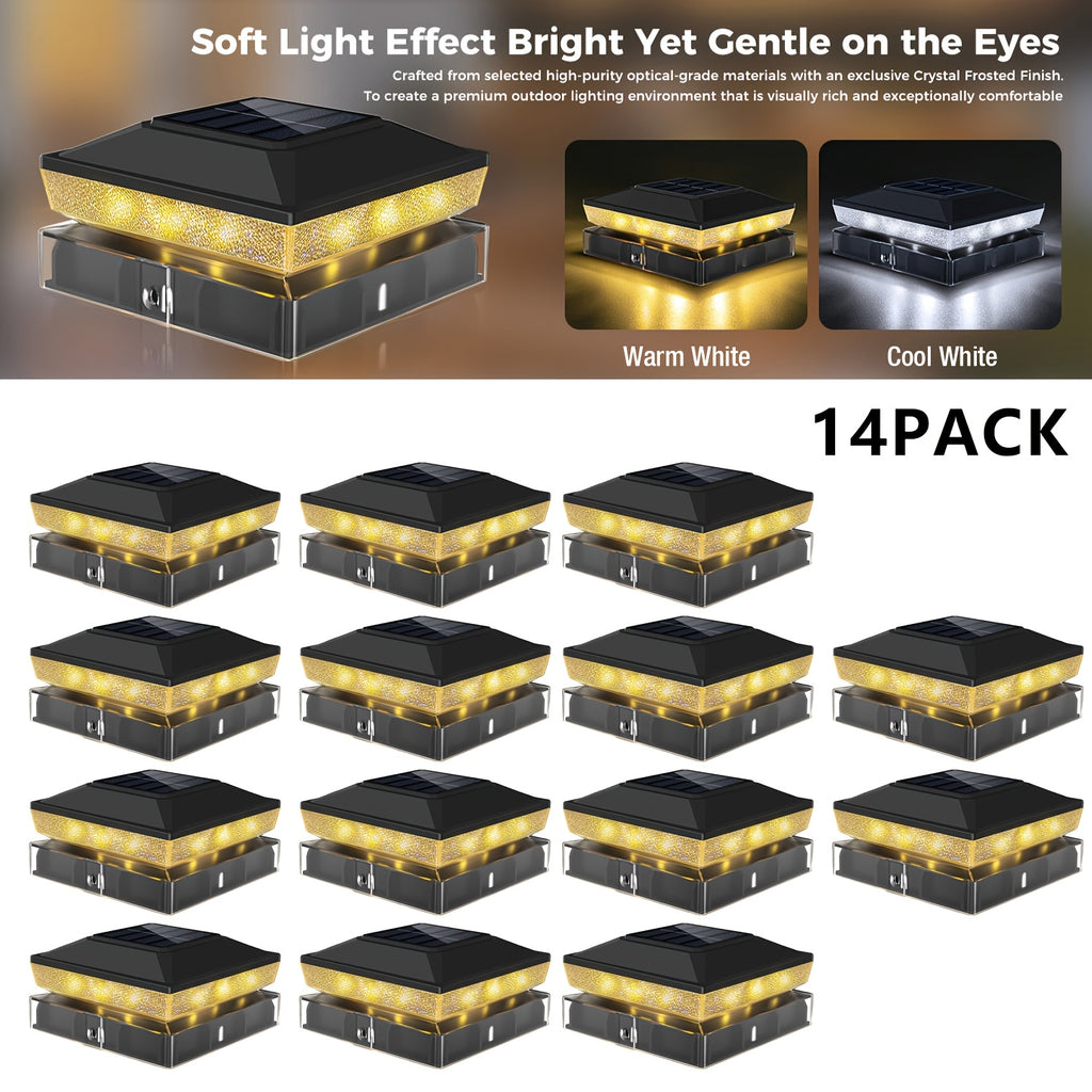 6/14 Pack Solar Post Cap Light, Fits 4x4 and 3.5x3.5 Inch Vinyl/Wood Posts, Dual Color Temperature (Warm White/Cool White) Two Lighting Modes, Dusk-to-Dawn Auto On/Off, IP65 LED Outdoor Fence and Patio Light, Black