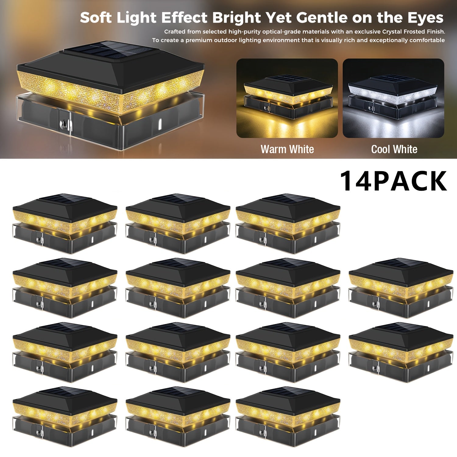 6/14 Pack Solar Post Cap Light, Fits 4x4 and 3.5x3.5 Inch Vinyl/Wood Posts, Dual Color Temperature (Warm White/Cool White) Two Lighting Modes, Dusk-to-Dawn Auto On/Off, IP65 LED Outdoor Fence and Patio Light, Black