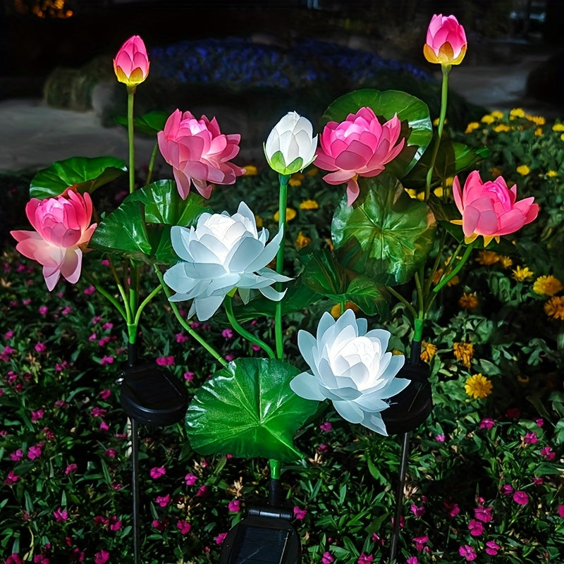 1个升级版3LED大花太阳能粉白莲花灯，适用于节日场景装饰、花园庭院草坪灯、节日氛围、草坪装饰、装饰性太阳能灯、花卉灯设计、低压装饰、耐用金属表面、装饰照明、活动策划者、节日购物者