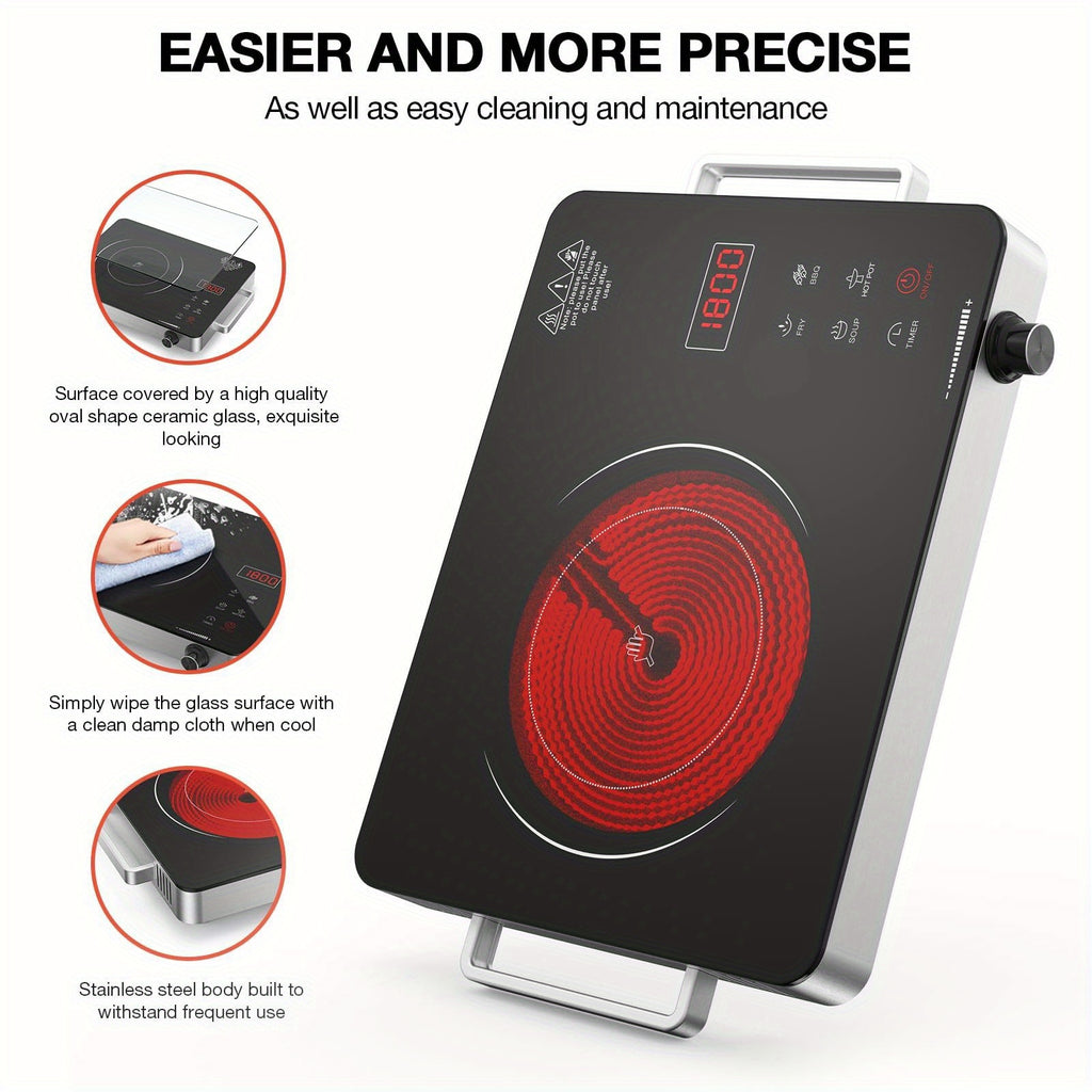 Electric Stove, Portable Single Burner Cooktop with Plug, Hot Plate Countertop Stove, 110V Infrared Burner, Child Safety Lock, Timer, Touch & Knob Control