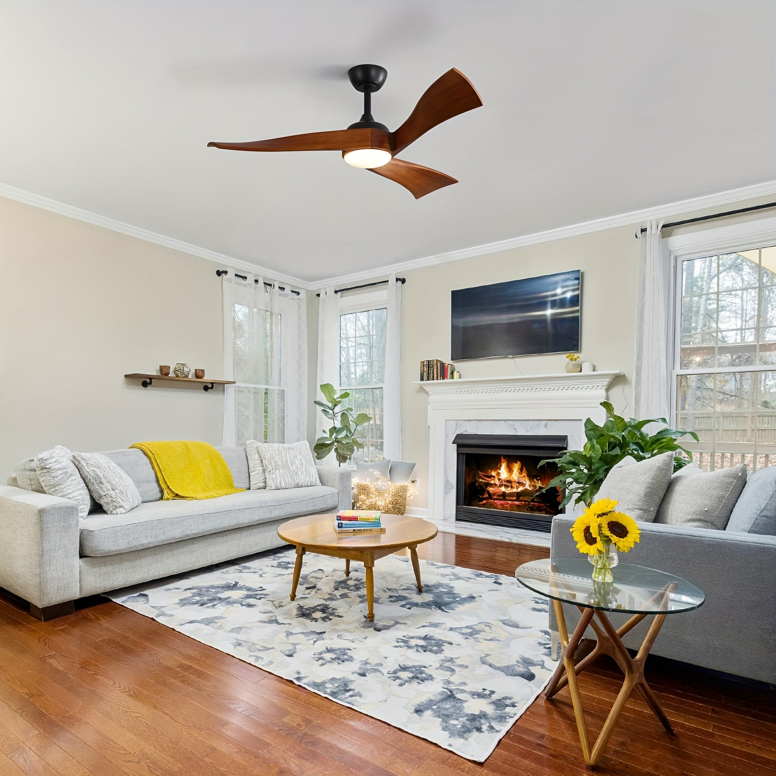 Sofucor 52 Inch Large Modern Ceiling Fan with Light, Smart Remote Control Ceiling Fan, 3 Solid Wood Blades, Reversible DC Motor, 6 Speed Settings, 1/4/8 Hour Timer, LED Lighting
