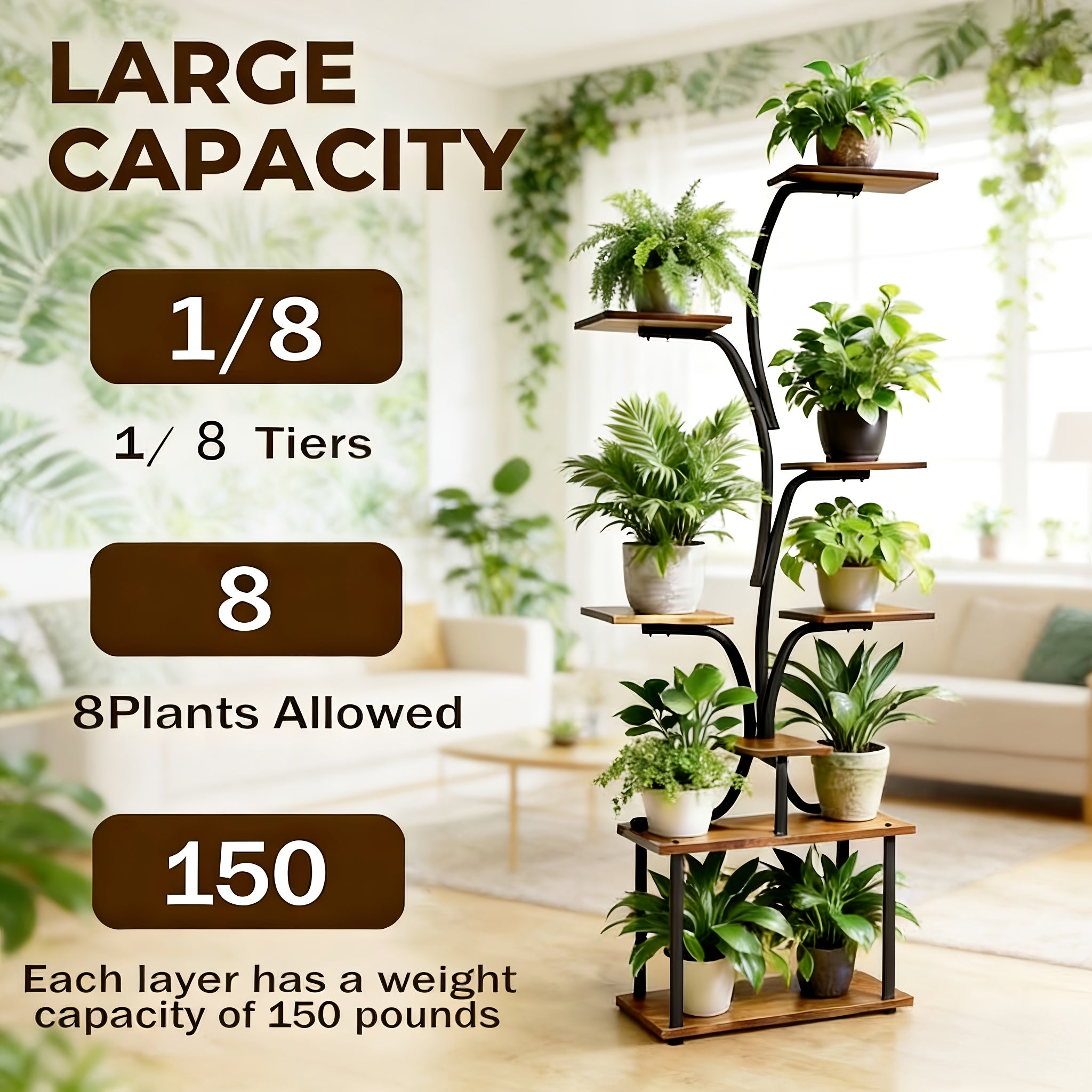 1-Piece Indoor Plant Stand with Adjustable Grow Light, 8-Tier Sturdy Metal Plant Display Shelf, 62 Inch Corner Storage Rack, Space-Saving Modern Style, Perfect for Home, Living Room, Bedroom and Balcony, Ideal for Potted Plants, Herbs and Succulents