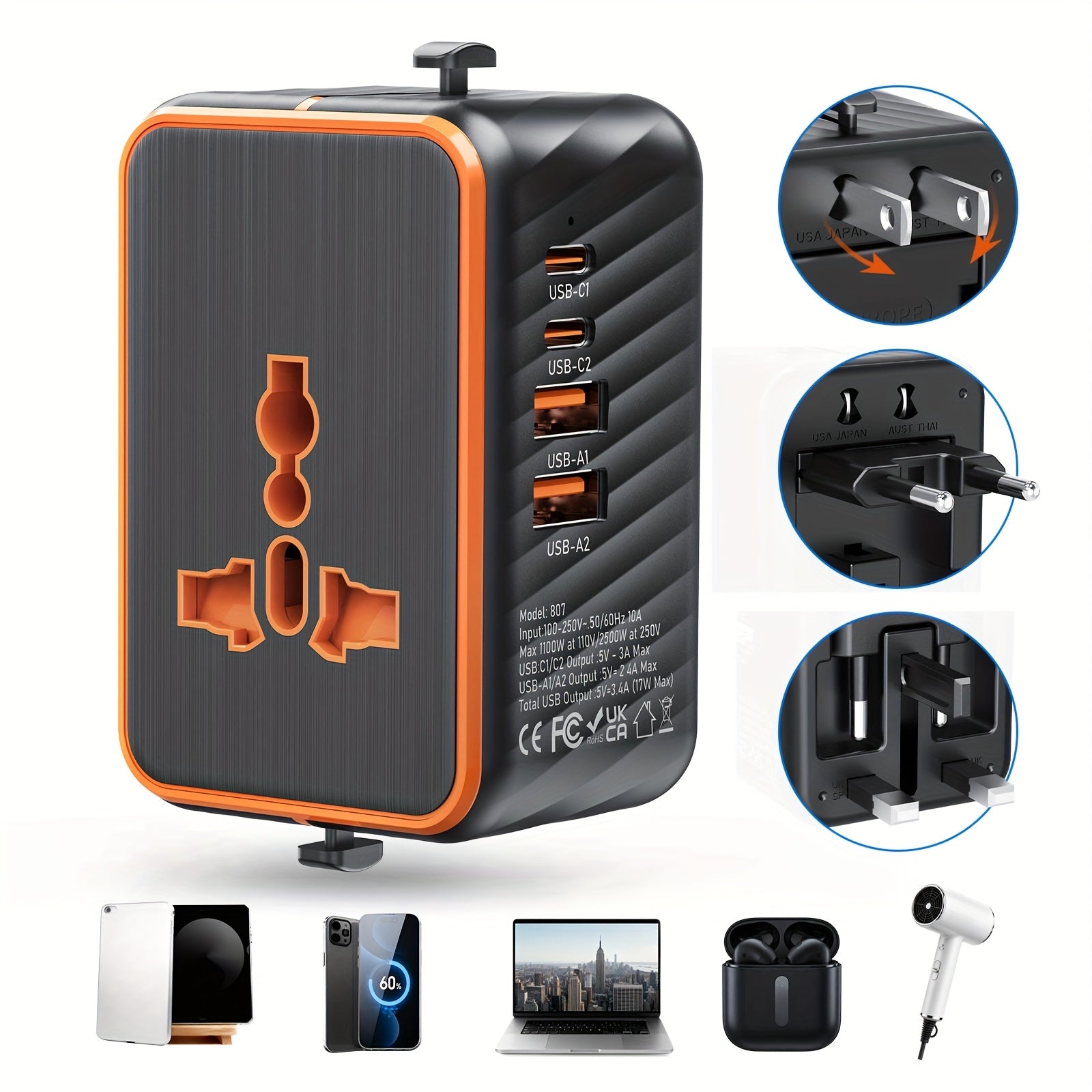 5-In-1 Universal Travel Adapter Featuring 2 USB-C And 2 USB-A Ports, Supporting PD And QC 3.0 Fast Charging. This International Power Plug Converter Is Suitable for Use in The US, EU, UK, AU, And Asia
