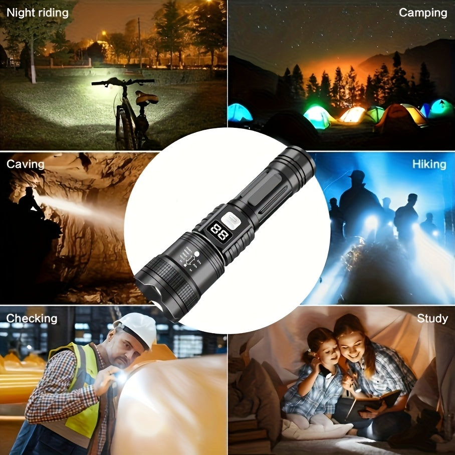 P900 LED Tactical Flashlight IP44, High Brightness Zoom Flashlight 800mAh Rechargeable Battery USB Charging Adjustable Beam Camping Outdoor Emergency Outdoor Gear Durable Structure