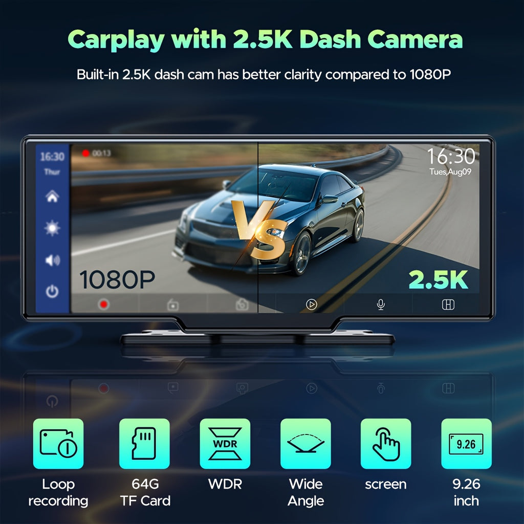 Lamtto 10.26" Wireless Carplay Display for Vehicles with 2.5K + 1080P Dash Cam, Portable Car Stereo GPS Navigation, Car Audio, Supports Android Auto, Airplay, Mirror Link, Compatible with 64GB TF Card, Universal Fit for All Vehicles