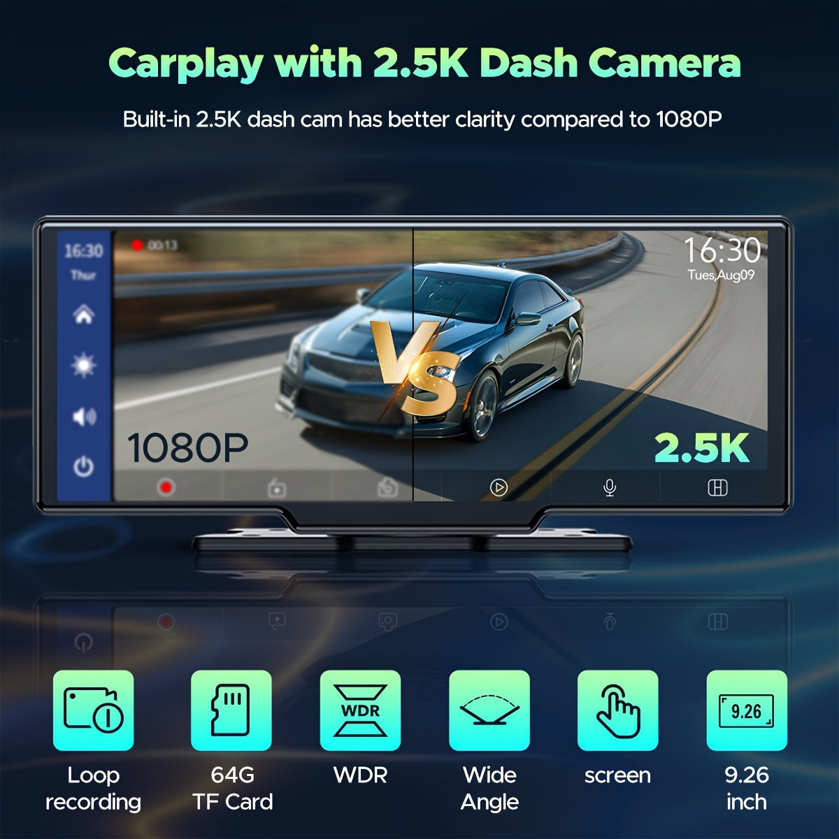 Lamtto 10.26" Wireless Carplay Display for Vehicles with 2.5K + 1080P Dash Cam, Portable Car Stereo GPS Navigation, Car Audio, Supports Android Auto, Airplay, Mirror Link, Compatible with 64GB TF Card, Universal Fit for All Vehicles