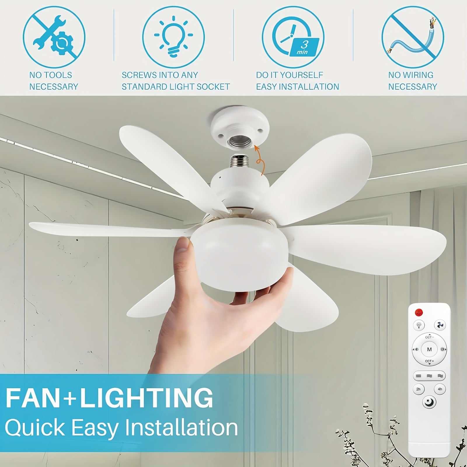 Remote Control Ceiling Fan Light, Integrated LED Lighting & Fan, 3-Speed Quiet Wind and 3 Color Temperature Adjustment 3000K-4500K-6500K, Tool-Free Installation & Timing Function, E26/E27 Interface 6-Blade Fan Light