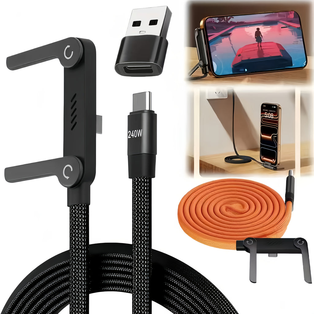 A 2-In-1 240W Fast Charging Foldable Stand Data Cable with Dual Type-C Super Fast Charging And an Integrated Phone Holder, Compatible with The Iphone 15-17 Series
