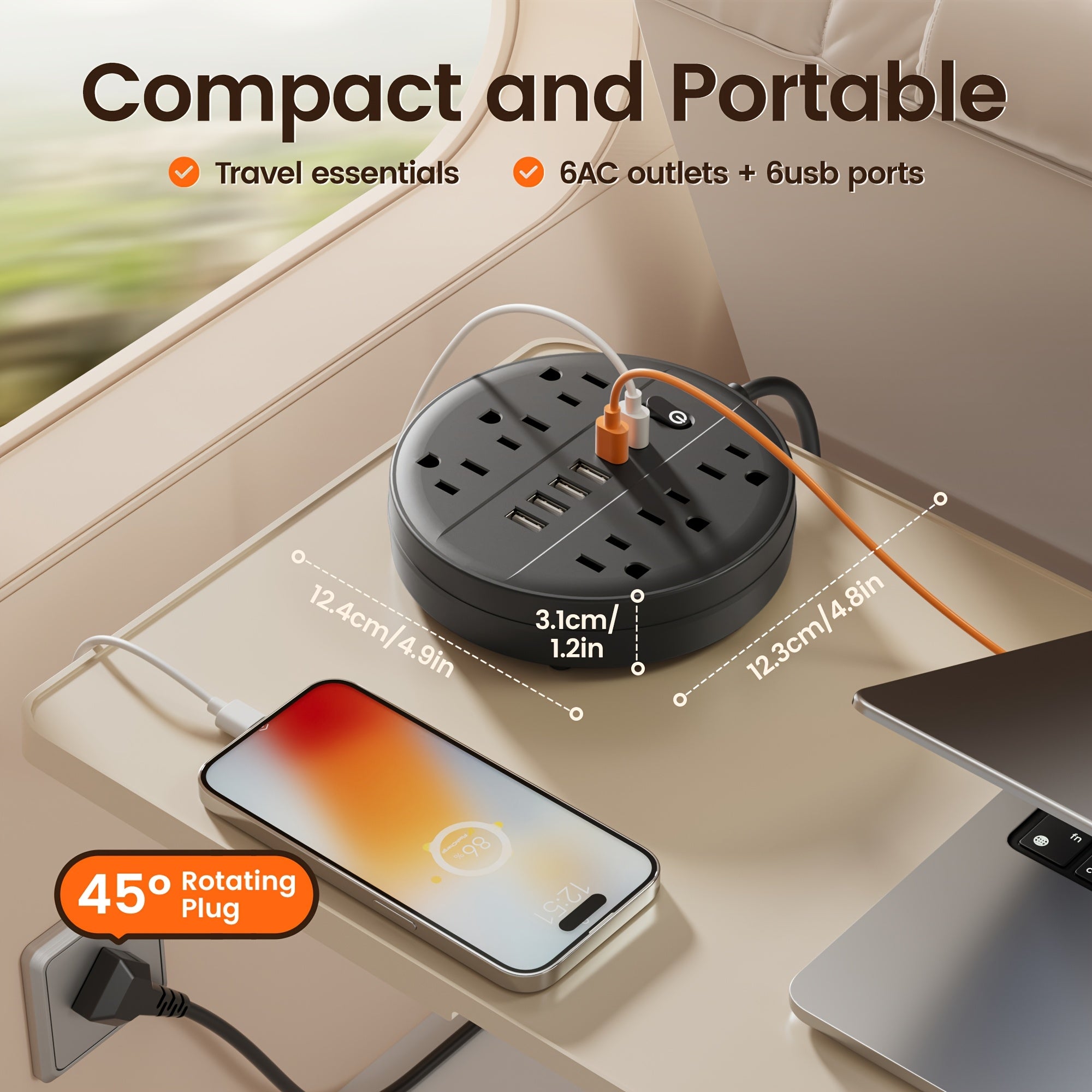 A Versatile Power Strip Featuring 12 Functions, Equipped with a Surge Protector, 6 USB Charging Ports (Including 4 USB A And 2 USB C), And 6 AC Outlets. This Compact Charging Station Can Be Mounted on The Wall And Is Suitable for Home, School