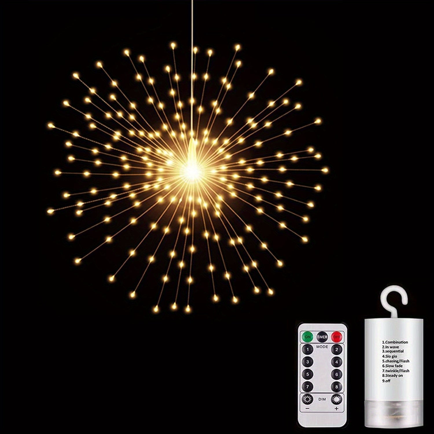200 LED Starburst Sphere Light, Firework Light Battery Powered Tent Pendant Light Remote Control Waterproof Hanging Light, Perfect for Garden Courtyard Porch Christmas Party Home Decoration Warm White Light
