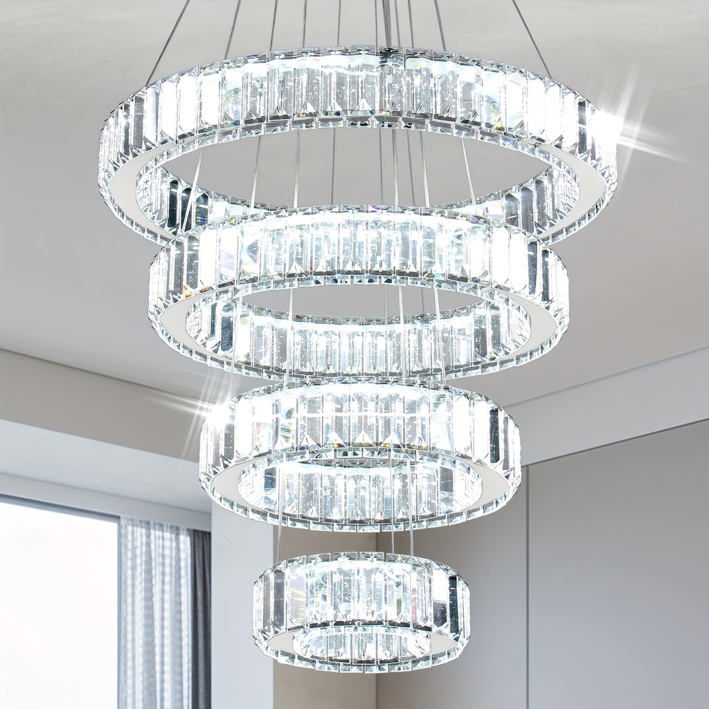 Modern LED pendant light, crystal chandelier, with 4 rings, suitable for dining room, bedroom and living room, diameter 7.9" to 19.7"