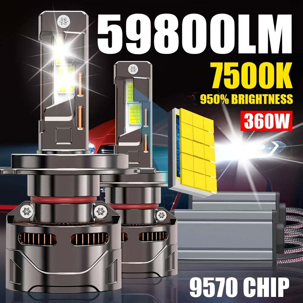 2-Pack 59800 Lumens LED Car Headlights High Power 360W High/Low Beam 7500K LED Bulbs H1 H4 H7 H11 9005 9006 9012 12V/24V 360° Beam Angle 950% Brightness Increase Fits Most Car Models No Battery Included QY029