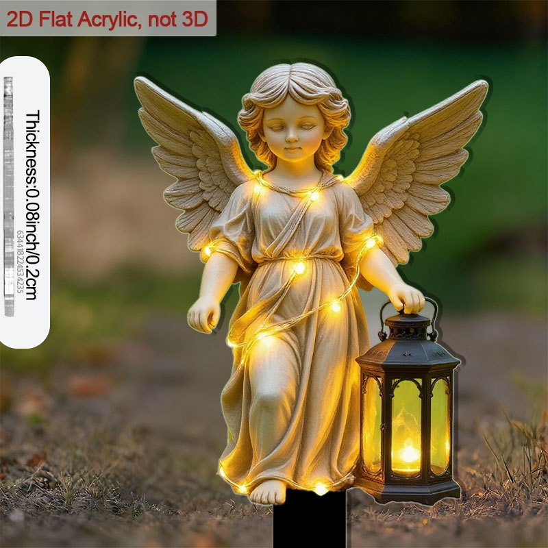 2D Flat, Angel Statue Garden Stake with Light-Up Lantern and Sharp Base - Self-Lit Outdoor / Acrylic Plant Flower Pot, Courtyard Decoration - Angel Holding Lantern, Durable Ground Stake (No Wiring Needed), 2D Flat