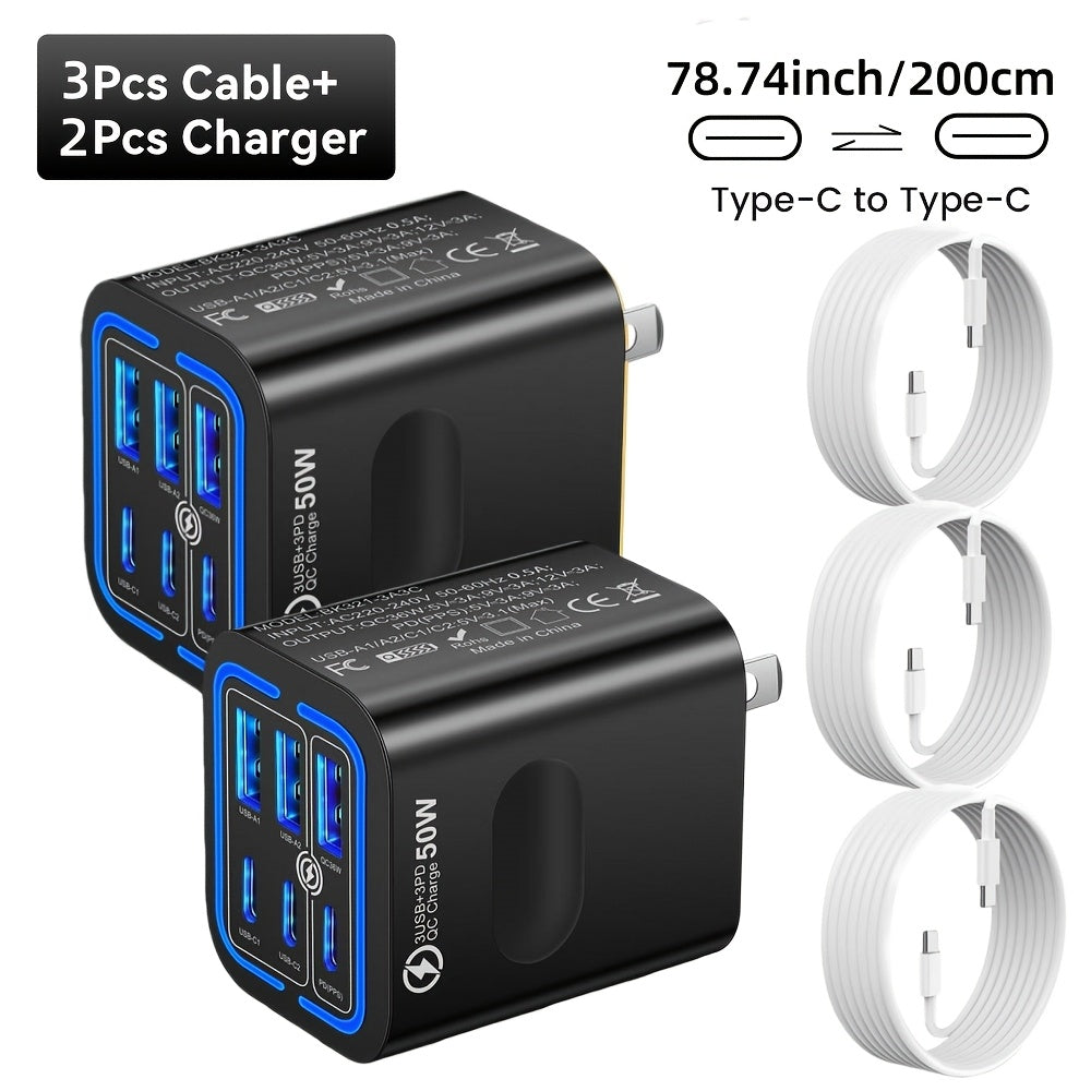 50W Type-C Fast Charging Mobile Phone Charger with C-C Cable | 6-Port PD USB C + QC 3.0 Multi-Port Wall-Mounted Multi-Device Fast Charging Plug, Portable and Compact, Compatible with for iphone 17/16/15/14/13/12 Pro Max, iPad, Galaxy, Xiaomi