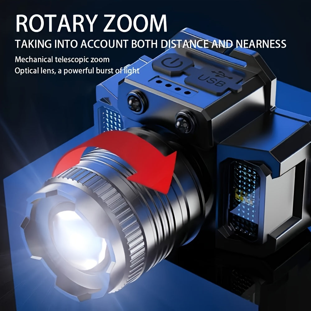 Portable Lightweight Multifunctional LED Headlamp with Motion Sensor, Rechargeable Rotatable Head, 5 Lighting Modes, Ideal for Outdoor Fishing, Adventure, Emergency and Camping