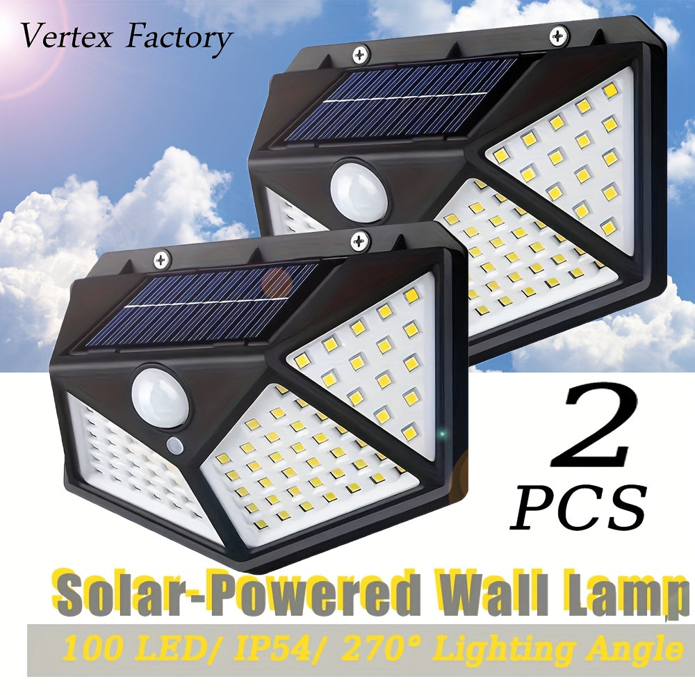 2-Piece Outdoor Solar Wall Light High Brightness 100LED 4-Side Illumination 270-Degree Wide Angle Lighting Easy Installation IP54