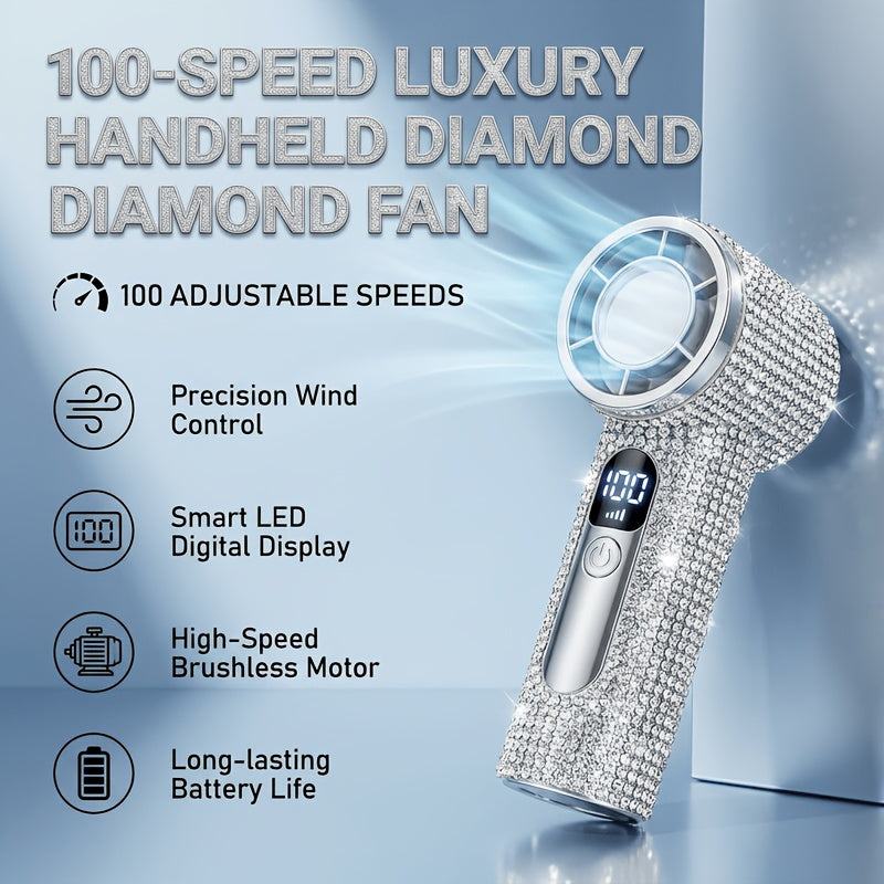 New Rhinestone Turbo High-Speed Handheld Fan, 100-Step Stepless Speed Regulation, Must-Have for Outdoor Travel & Activities, Portable Mini Fan with Strong Wind & Long Battery Life