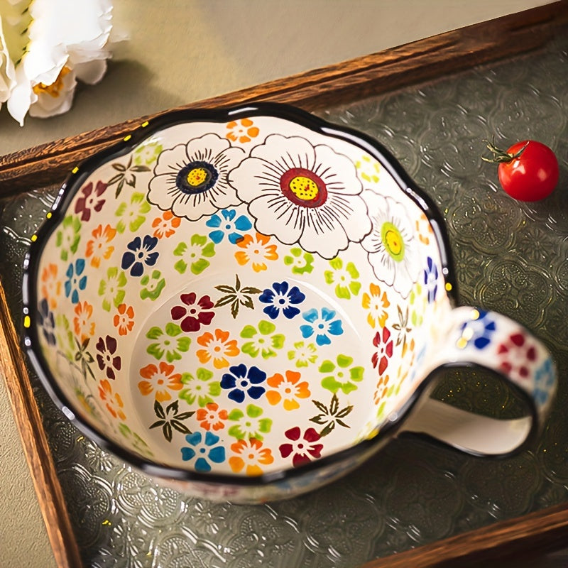 Hand-Painted Japanese Handle Bowl, New Ceramic Baking Dish, Instant Noodle Bowl, Salad Bowl, Home Tableware, Baking Dish with Spoon, Breakfast & Fruit Bowl