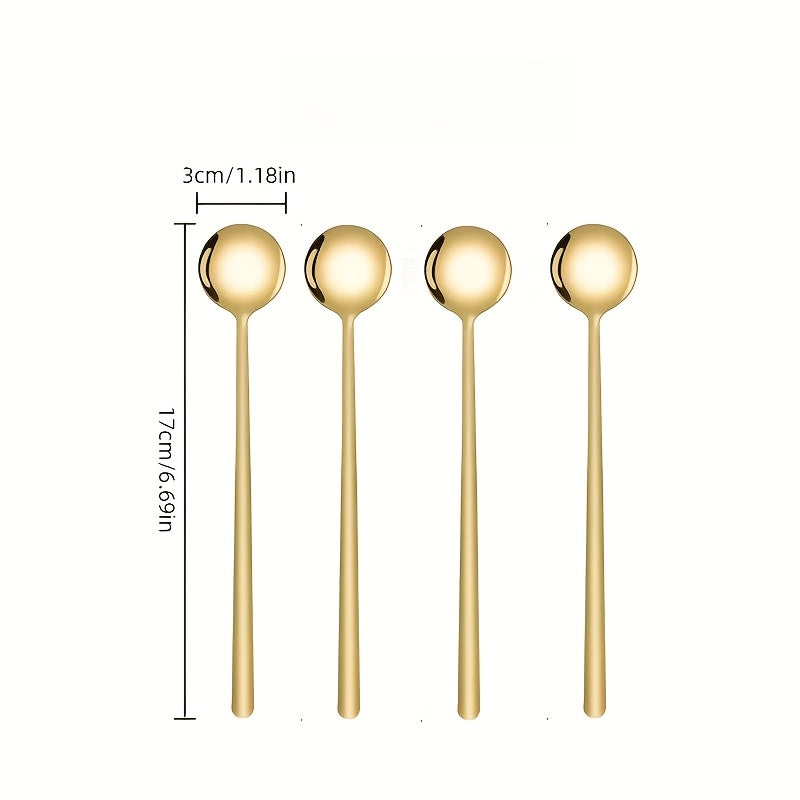8-Piece Stainless Steel Long Handle Spoons Set - Gold Coffee Stirring Spoons & Tea Spoons, Elegant Home & Kitchen Utensils
